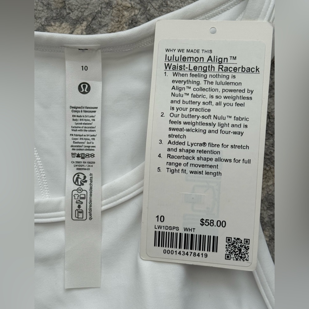 Lululemon Align Waist-Length Racerback Tank Top White (NWOT) - Picture 10 of 10